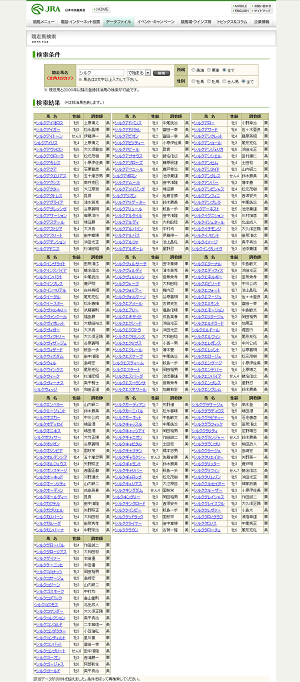 競走馬「シルク」検索結果ページ